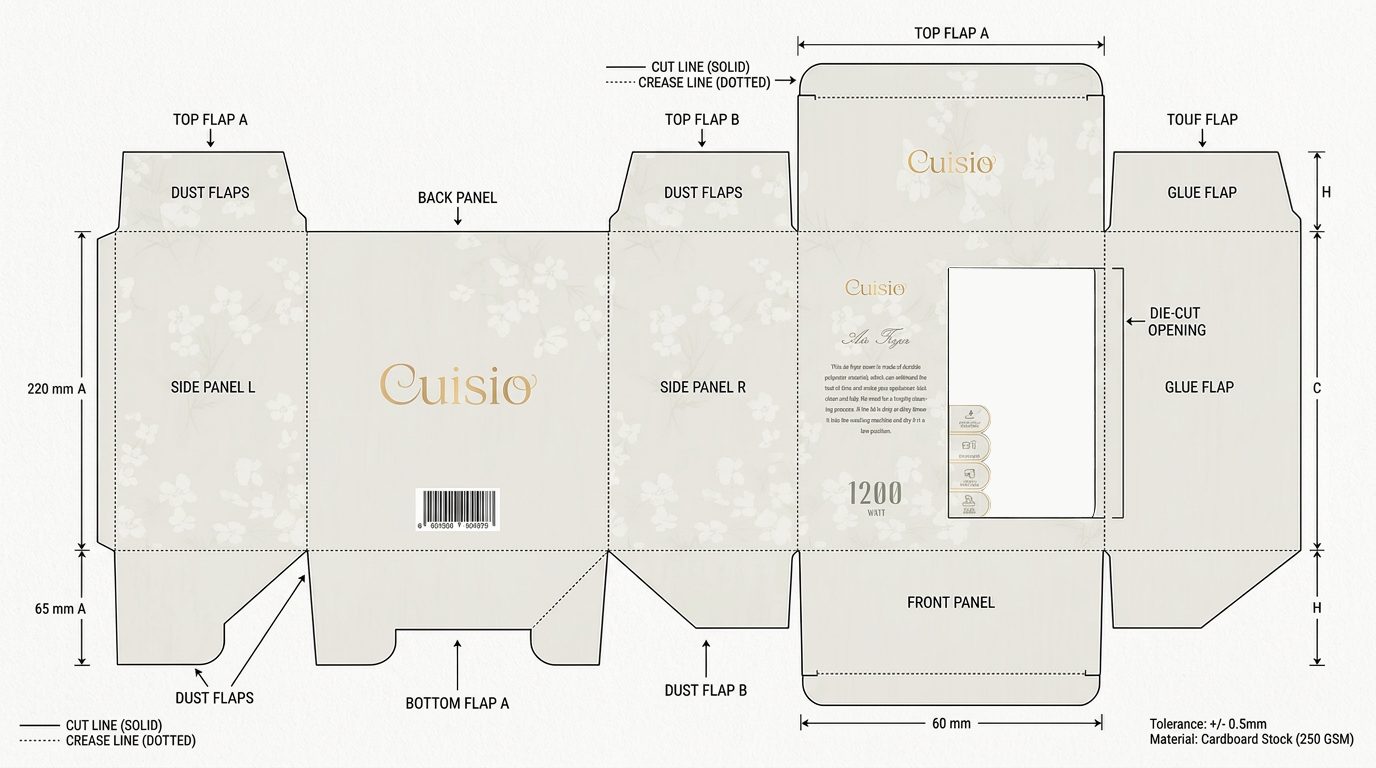 Cuisio air fryer packaging flat layout with dimensions